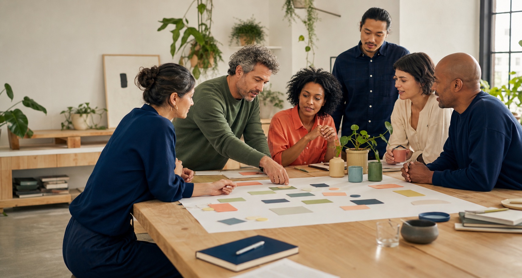 Equipo diverso colaborando alrededor de una mesa durante un taller